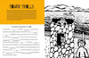 A black-and-white illustration from Wicked Creatures of Cape Cod and the Islands (Schiffer Publishing, Ltd.) shows three trolls around a stone tower, with hills, water, and a sheep. The Tower Trolls title and fill-in-the-blank story appear on the left.