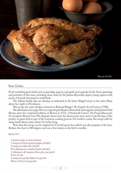 A plate with roasted chicken sits next to a bowl of brown eggs on a dark surface. Below is a New England-inspired roast chicken recipe, featuring a brief history, from "The Culinary Lives of John & Abigail Adams" by Schiffer Publishing, Ltd.