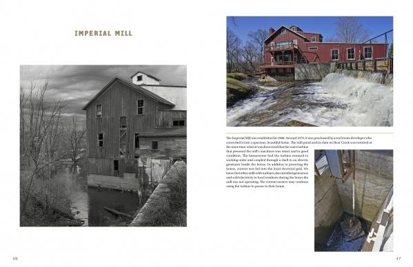 In "Down by the Feed Mill" by Schiffer Publishing, Ltd., one page features a black-and-white photo of an old wooden feed mill, while the opposite page displays a color image of the red mill by a river, its machinery, and descriptive text.