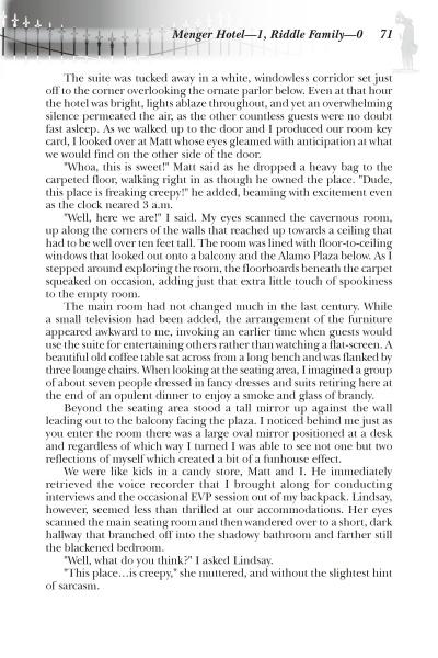 A page from Lone Star Spooks by Schiffer Publishing, Ltd. features two columns of text detailing a family’s unsettling night in a historic Texas hotel, complete with their reactions to ghostly whispers and an eerie atmosphere.