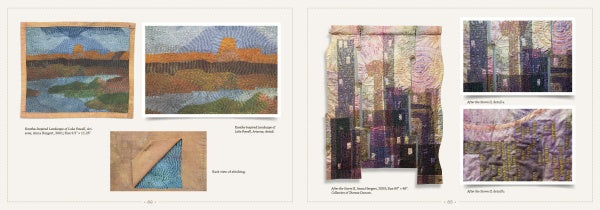 A two-page spread from "Inspiration Kantha" by Schiffer Publishing, Ltd. displays colorful quilted textile art—landscapes, abstract vertical patterns, close-up detail images, and a corner fold revealing kantha quilting stitches on the left page.