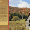 A weathered barn stands in a grassy field with vibrant Vermont autumn hills behind; a map and info about Vermont's Northeast appears at left. Product: Vermont by Schiffer Publishing, Ltd.