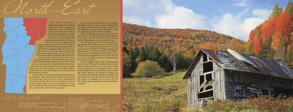 A weathered barn stands in a grassy field with vibrant Vermont autumn hills behind; a map and info about Vermont's Northeast appears at left. Product: Vermont by Schiffer Publishing, Ltd.