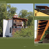 A page from "Mexican Gardens & Patios" by Schiffer Publishing, Ltd. displays images of a white house with a shaded terrace, detailed wooden beams, and a brick-columned structure—showcasing Mexican outdoor architecture.