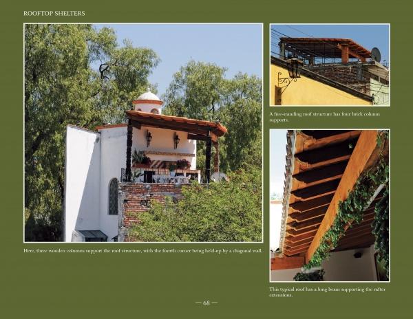 A page from "Mexican Gardens & Patios" by Schiffer Publishing, Ltd. displays images of a white house with a shaded terrace, detailed wooden beams, and a brick-columned structure—showcasing Mexican outdoor architecture.