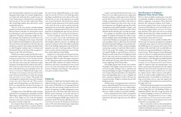 A two-page spread from "The Historic Barns of Southeastern Pennsylvania" by Schiffer Publishing, Ltd. shows dense two-column text. Page 19’s blue heading reads "Tree Resources in England—Medieval Times until Today." Barn architecture is mentioned. Pages 18–19 shown.