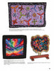 Hooked Rugs Today IV by Schiffer Publishing, Ltd. features three fiber art pieces: a rectangular dragonfly rug, a square with vibrant swirls, and an irregular wavy design on a wooden stand.