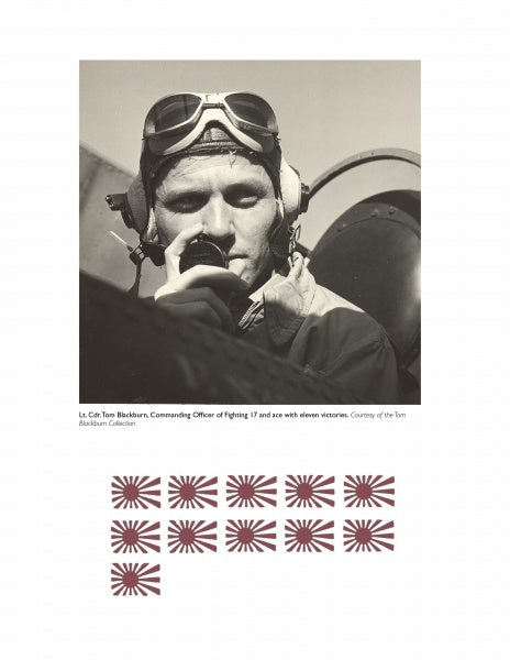 A black-and-white photo of a WWII pilot in helmet and goggles speaking into a radio. Below, eleven stylized Japanese rising sun symbols illustrate VF-17 squadron victories. Product: The Aces of Fighting 17 by Schiffer Publishing, Ltd.