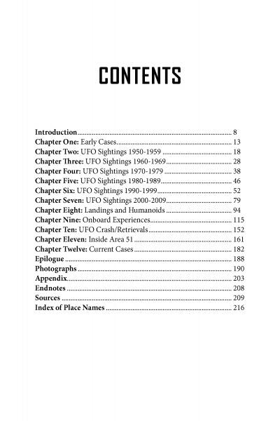 UFOs Over Nevada from Schiffer Publishing, Ltd. features a table of contents with chapters on UFO sightings by decade, landings, Nevada encounters, onboard experiences, crash retrievals, current cases, photos, appendix, endnotes, sources, and index.