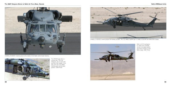 Four images of a gray HH-60 Pave Hawk at Nellis AFB—close-up, flight, taxiing, and troop rappel—highlight its role at The USAF Weapons School at Nellis Air Force Base Nevada, from Schiffer Publishing, Ltd.