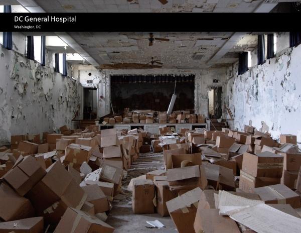 Urban Atrophy by Schiffer Publishing, Ltd. captures scenes like an abandoned, decaying room at DC General Hospital in Washington, DC—scattered boxes, peeling walls, a broken stage—showcasing the haunting beauty of forgotten mid-Atlantic sites.