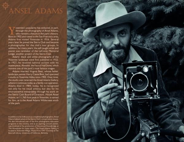 A bearded man in a hat and jacket holds a large vintage camera outdoors. Text beside him introduces "Yosemite National Park: Past and Present" by Schiffer Publishing, Ltd., highlighting Ansel Adams’ iconic Yosemite photos.