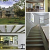 Collage of a historic stone house with green shutters in the Poconos, wooden staircase, cozy rooms with beams, dining areas, fireplace. Text appears on right. Product: The Poconos by Schiffer Publishing, Ltd.
