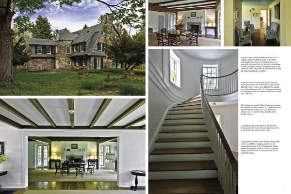 Collage of a historic stone house with green shutters in the Poconos, wooden staircase, cozy rooms with beams, dining areas, fireplace. Text appears on right. Product: The Poconos by Schiffer Publishing, Ltd.