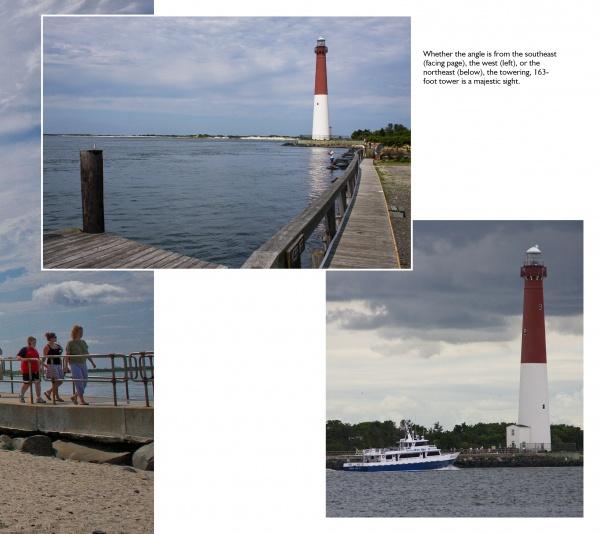 Barnegat Lighthouse Perspectives by Schiffer Publishing, Ltd. features three photos of the Atlantic Coast landmark: from a boardwalk view, with people on a pier, and with a boat passing in front.