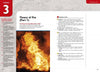 A page from Schiffer Publishing, Ltd.'s "Study Guide for Marine Fire Prevention, Firefighting, & Fire Safety" displays a vivid orange flame image beside text on fire chemistry, marine firefighting, objectives, and key terminology.
