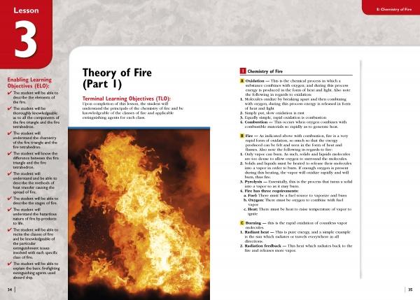 A page from Schiffer Publishing, Ltd.'s "Study Guide for Marine Fire Prevention, Firefighting, & Fire Safety" displays a vivid orange flame image beside text on fire chemistry, marine firefighting, objectives, and key terminology.