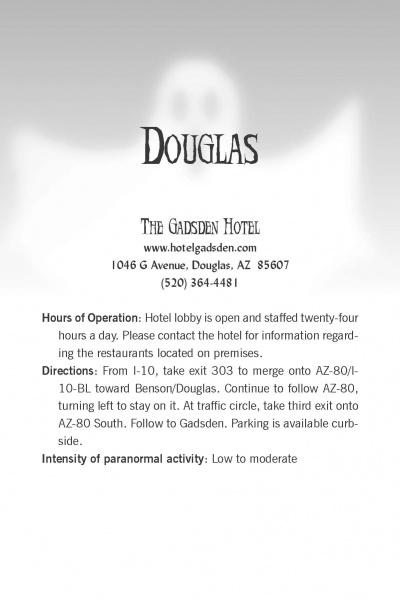 Flyer for Scare-izona by Schiffer Publishing, Ltd., highlighting hotel info for The Gadsden Hotel in Douglas, AZ, with directions and parking. Paranormal activity rated low to moderate—ideal for haunted Arizona fans and lovers of ghost stories.