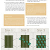 Hex Weave & Mad Weave by Schiffer Publishing, Ltd. offers a guide to triaxial weaving a diamond pattern, featuring three illustrated steps with green and teal strips on a grid and step-by-step text instructions above each image.