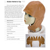A mannequin displays a tan leather aviator helmet with ear flaps and chin strap. Beside it are details on the helmet, tanning methods, and fabric pattern layout from Schiffer Publishing, Ltd.'s Leather.