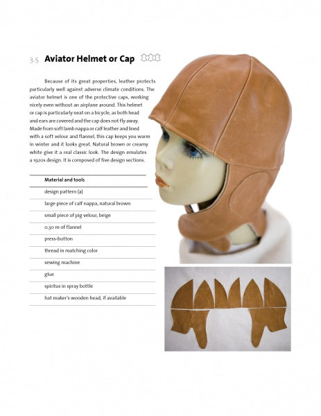 A mannequin displays a tan leather aviator helmet with ear flaps and chin strap. Beside it are details on the helmet, tanning methods, and fabric pattern layout from Schiffer Publishing, Ltd.'s Leather.