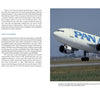 An Airbus A300/310 in Pan Am blue and white livery takes off with landing gear down. This image by Schiffer Publishing, Ltd. appears across a magazine or book spread, descriptive text shown on the left page.