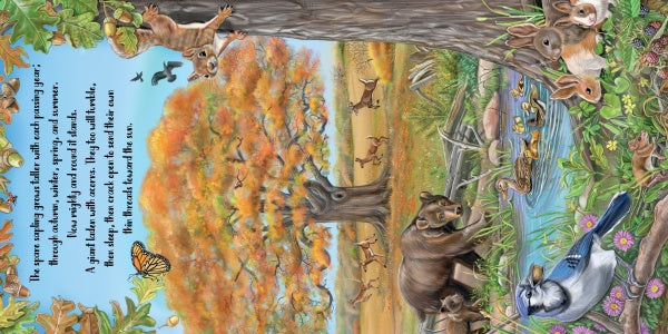 Inspired by "The Tiny Giant" from Schiffer Publishing, Ltd., a vivid autumn forest shows deer, rabbits, squirrels, a bear, ducks, and a wolf by a tree and pond amid falling leaves as a monarch butterfly flutters nearby.