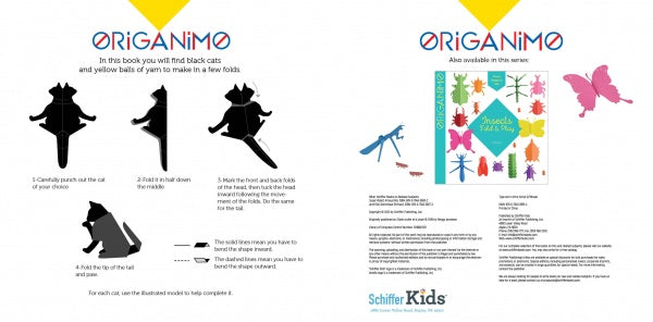 An instruction page for an origami cat with black cat silhouettes shows folding steps and instructions, alongside the Schiffer Publishing, Ltd. book cover "Cats," featuring colorful Origanimo kitties and Anouk’s Field Play.