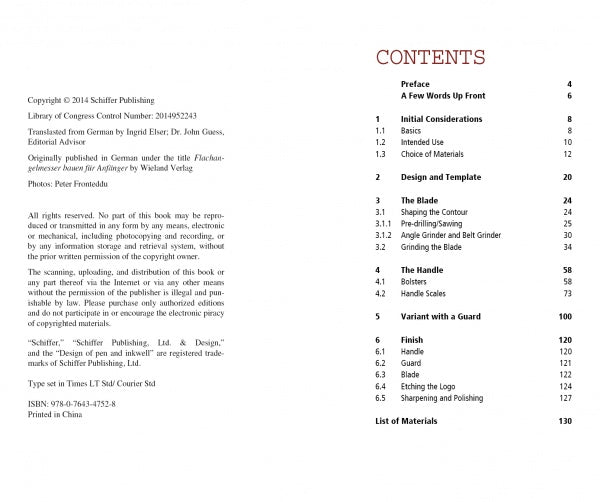 On the left page is the copyright and publishing info for Making Full Tang Knives for Beginners by Schiffer Publishing, Ltd.; on the right, the table of contents lists sections from Preface to List of Materials—a useful guide for beginner knife makers.