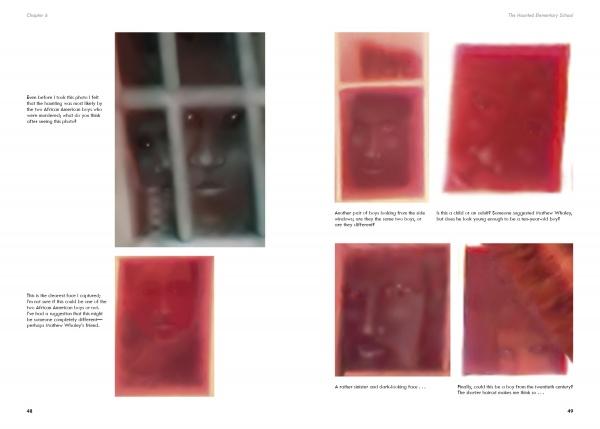 A book spread from Schiffer Publishing's "Breakthrough Ghost Photography of Haunted Historic Colonial Williamsburg, Virginia Part II" shows blurry red-tinted ghostly faces on white pages, minimal text, and evokes an eerie, unsettling atmosphere.