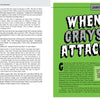 A book spread from Little Gray Bastards by Schiffer Publishing, Ltd. shows a right page titled WHEN GRAYS ATTACK in bold green jagged letters, referencing Gray aliens. The left page has two-column text and is numbered 114 at the bottom.