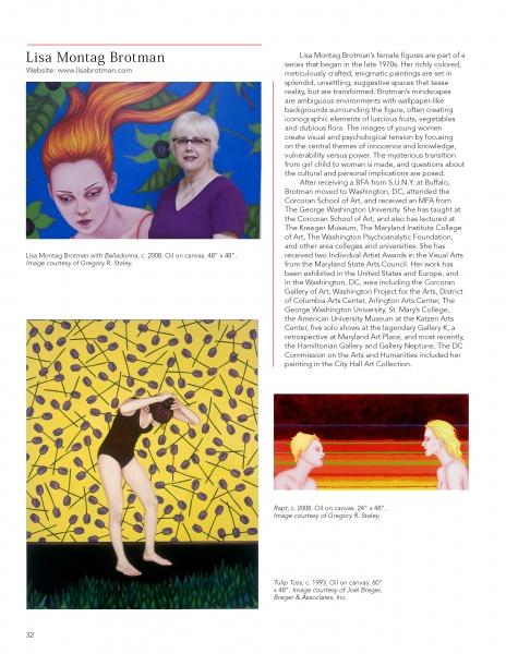 A magazine page features Lisa Montag Brotman from "100 Artists of Washington, D.C." by Schiffer Publishing, Ltd.—including her website, photo, expressive women artwork, and a bio describing her style, influences, and DC art scene impact.