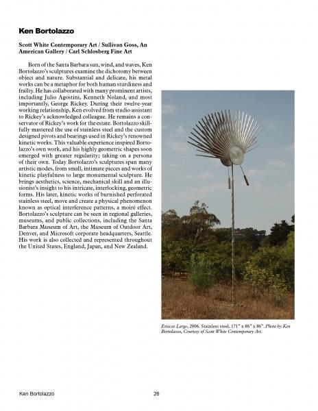 A tall stainless steel sculpture with fan-like rods stands in a grassy field beneath a clear sky, exemplifying contemporary art featured in "100 Artists of the West Coast II" by Schiffer Publishing, Ltd. Artist info is displayed on the left.