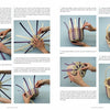 Basketry Basics by Schiffer Publishing, Ltd. features a step-by-step photo guide showing how to weave a small basket with white and purple reeds, including clear text instructions for every stage from the base to the handle.