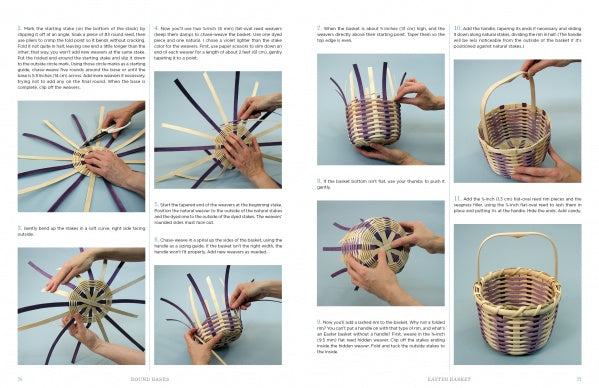 Basketry Basics by Schiffer Publishing, Ltd. features a step-by-step photo guide showing how to weave a small basket with white and purple reeds, including clear text instructions for every stage from the base to the handle.