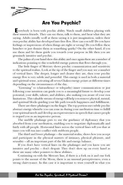 A page from Time on Your Hands by Schiffer Publishing, Ltd. covers signs of psychic ability, palm reading tips about the Mercury finger, children’s behavior, and life predictions, featuring a text-heavy layout with a pen graphic.