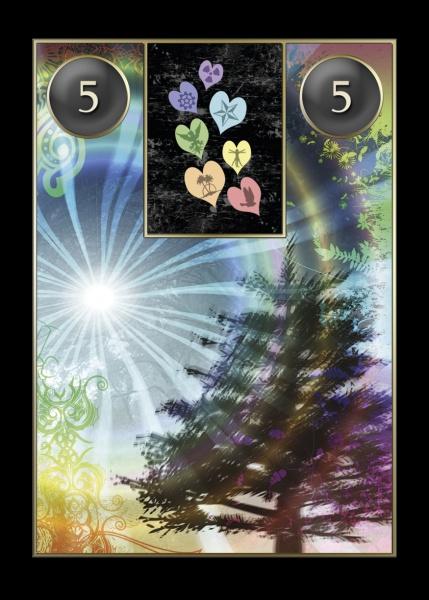 A unique Lenormand Cartomancy card by Schiffer Publishing, Ltd. shows a windswept tree, radiant white light, swirling patterns, two circles with the number 5, and seven colorful heart-shaped leaves—a mystical fortune-telling card.
