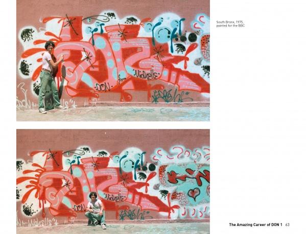 Two photos feature a person by a red and blue DON 1 MAFIA mural. One shows them standing, the other sitting. Text references South Bronx, 1975—highlighting graffiti art from "Don1, The King from Queens" by Schiffer Publishing, Ltd.