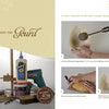 A two-page spread in Schiffer Publishing, Ltd.’s Creating Wall Pockets shows gourd crafting tips with tools on the left and step-by-step photos on the right of hands cleaning and sanding a hollowed gourd with a rotary tool and brush.