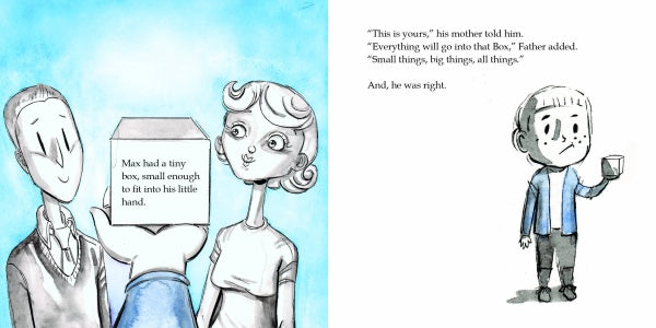 An illustrated boy holds Max’s Box—a small container from Schiffer Publishing, Ltd.—beside two adults. Alone on the right, he explores its meaning, highlighting Max's Box and its impact on children’s emotional growth.