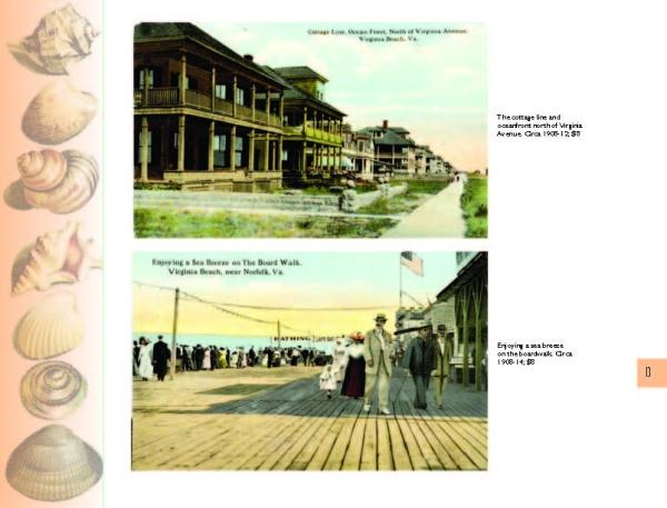 Greetings from Virginia Beach by Schiffer Publishing, Ltd.: Two vintage postcards featuring early 1900s seaside scenes—cottages along Virginia Avenue and people on the historic boardwalk—both bordered by shell illustrations.