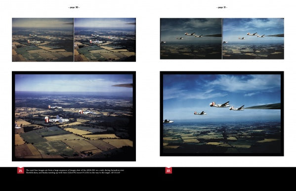 The 8th Army Air Force in Color by Schiffer Publishing, Ltd. features WWII Kodachrome photos of aircraft in formation over fields, with four restored images shown across a double-page spread in an open book.