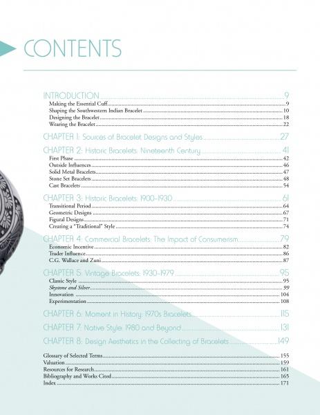 Table of contents page for "Southwestern Indian Bracelets" by Schiffer Publishing, Ltd., listing chapters on sources, styles, vintage cuffs, and design. An ornate bracelet illustration appears on the left side.