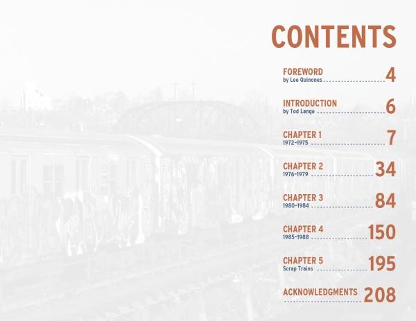 The “Born to Run” table of contents by Schiffer Publishing, Ltd. lists chapters with page numbers over a background image of NYC subway graffiti, showcasing rare urban graffiti photography.