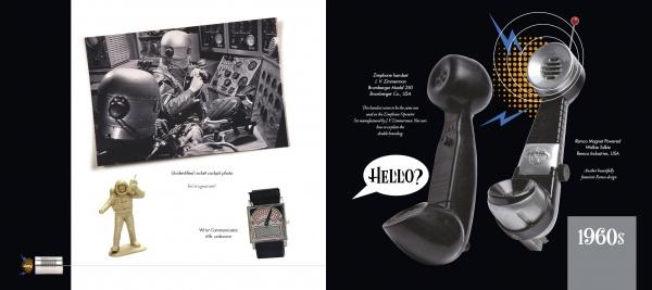 Split image: Left shows a black-and-white astronaut in a cockpit, toy astronaut, and wristwatch. Right features a vintage black phone with sound waves and HELLO?, labeled 1960s—perfect for toy collectors. From Do You Read Me? by Schiffer Publishing, Ltd.