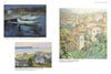 Three impressionist paintings—boats at dusk, coastal houses, and a hillside village—evoke California women artists, as featured in "Emerging from the Shadows, Vol. IV" by Schiffer Publishing, Ltd.