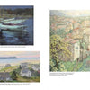 Three impressionist paintings—boats at dusk, coastal houses, and a hillside village—evoke California women artists, as featured in "Emerging from the Shadows, Vol. IV" by Schiffer Publishing, Ltd.