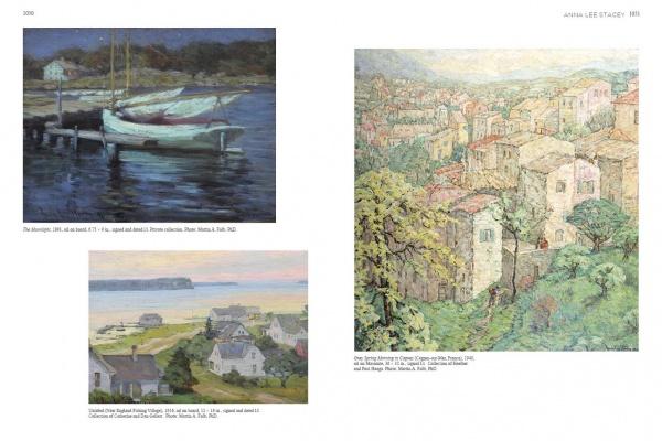 Three impressionist paintings—boats at dusk, coastal houses, and a hillside village—evoke California women artists, as featured in "Emerging from the Shadows, Vol. IV" by Schiffer Publishing, Ltd.