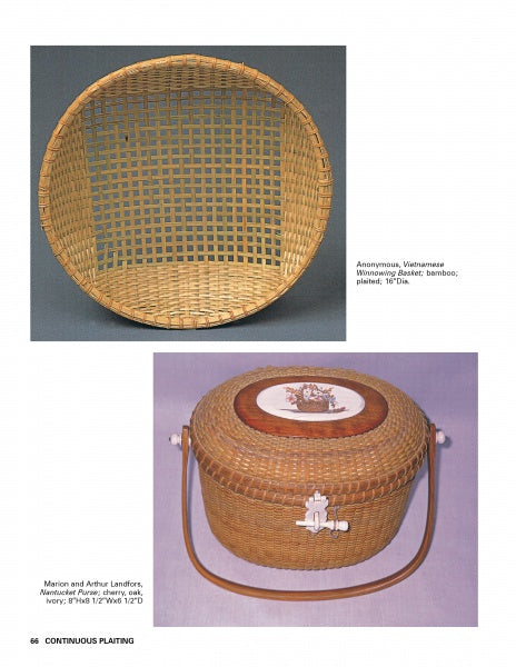 Top: Basket Inspiration by Schiffer Publishing, Ltd. features a round, shallow, open-weave bamboo basket and an oval lidded woven basket with a wooden handle, white clasp, and bird image inlay on the lid.