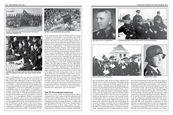 Two pages from "The 3rd Waffen-SS Panzer Division Totenkopf, 1939-1943" by Schiffer Publishing, Ltd. feature WWII photos, German and English text, captions, and images that document the history of the Waffen-SS division.